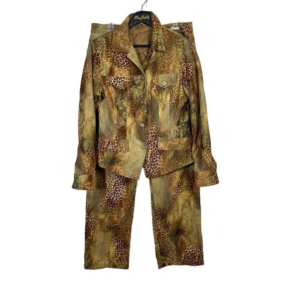 Andre Oliver Vintage Brown Animal Leopard Print Button Front Pantsuit 10 - Picture 2 of 11